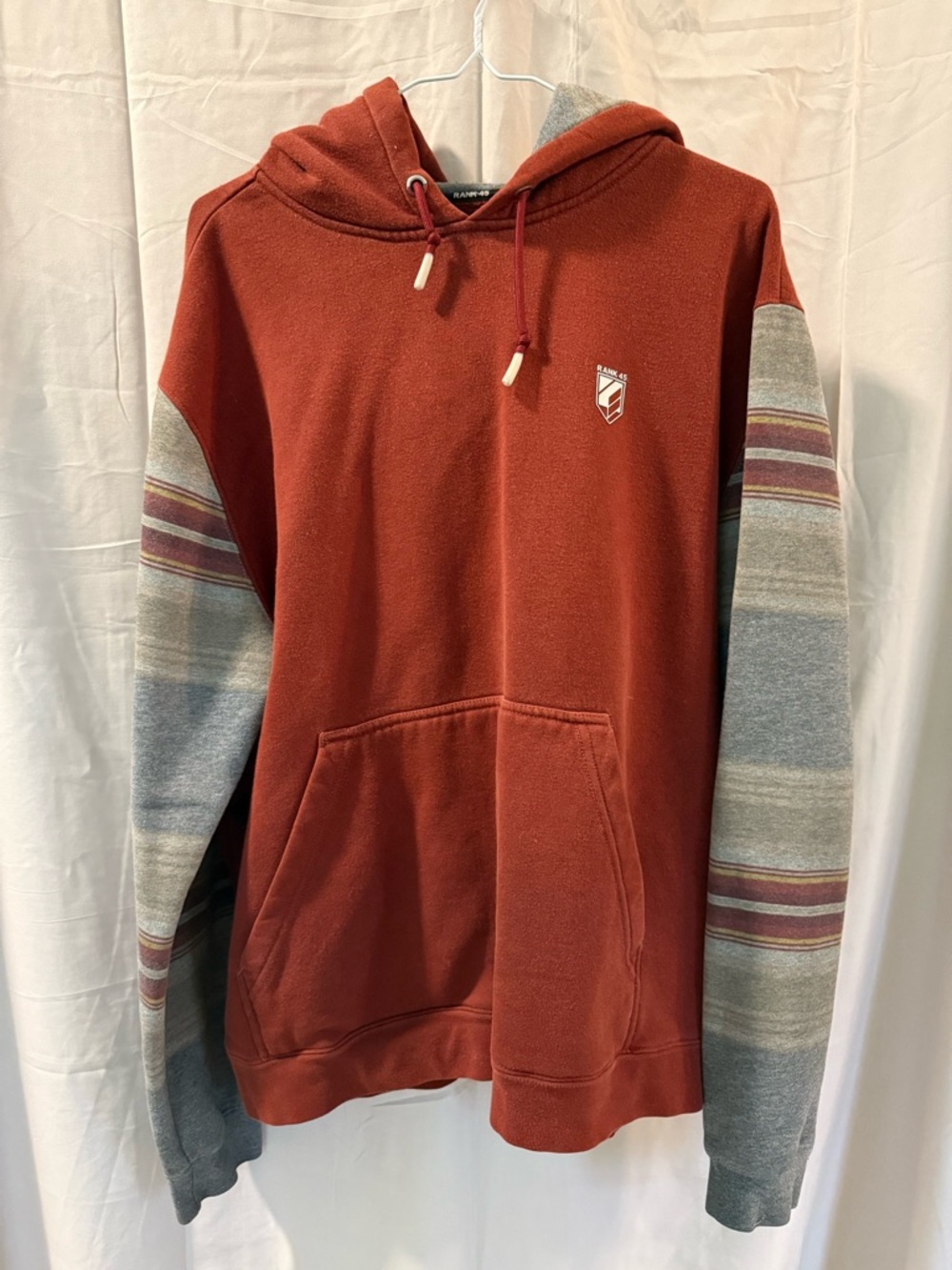 Rust Red Hooded Pullover Sweater with Stripe Sleeve Detail